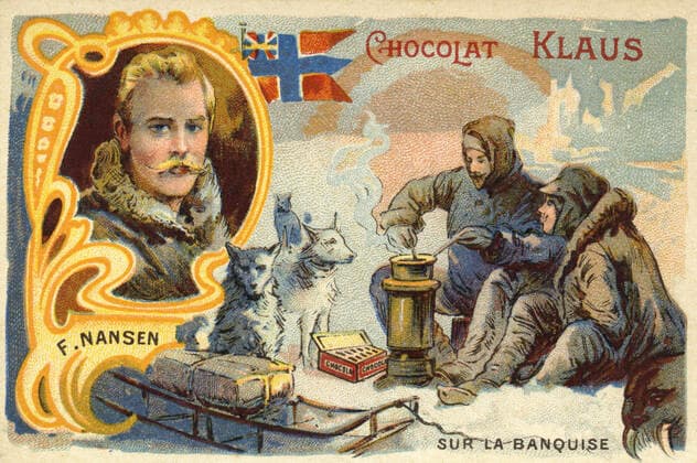 EXPLORATION POLAIRE Sur la banquise : repas de F. NANSEN (1861-1930). Illustration anonyme pour un chromo publicitaire (chocolat Klaus), vers 1905. Serie sur les explorateurs celebres avec decor art nouveau. Credit : Collection IM KHARBINE-TAPABOR. *** POLAR EXPLORATION On the ice floe meal of F NANSEN 1861 1930 Anonymous illustration for a chocolate chromo advertising Klaus , circa 1905 Series on famous explorers with art nouveau decor Credit Collection IM KHARBINE TAPABOR  KH192078