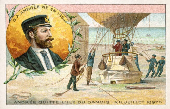 ANDREE Salomon August S.A. ANDREE (1854-1897) quitte l ile du Danois (11 juillet 1897) . Chromo vers 1905, illustration anonyme. Credit : Collection IM KHARBINE-TAPABOR.