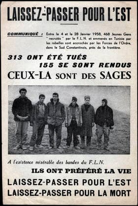 GUERRE D ALGERIE Laissez-passer pour l est. ceux-la sont des sages. A l existence miserable due aux bandes du F.L.N., ils ont prefere la vie. Illustration anonyme pour un tract de fevrier 1958 (voir le rectoo kh202389). Credit : Collection IM Kharbine-Tapabor. *** ALGERIAN WAR Let pass for the east those are wise men A l miserable existence due to the bands of the F L N , they preferred life Anonymous illustration for a leaflet of February 1958 see the rectoo kh202389 Credit Collection IM Kharbine Tapabor  KH202390