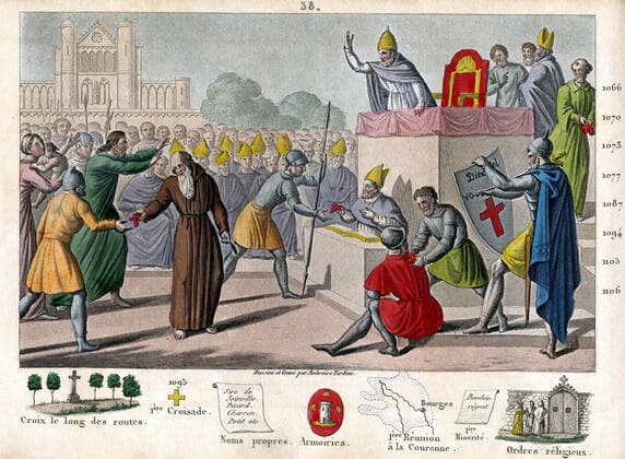 HISTOIRE DE FRANCE La pape URBAIN II prone la premiere croisade au concile de Clermont en 1095. les spectateurs s ecrient Diex el volt (Dieu le veut) avant de se mettre une croix a l epaule. Illustration de 1825 par Ambroise TARDIEU (1788-1841) pour Histoire de France representee par des tableaux synoptiques par M. COLART. Credit : Collection Jonas Kharbine-Tapabor.