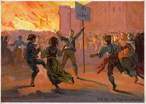 REVOLUTION FRANCAISE La prise de la Bastille . Un homme porte un panneau sur lequel est ecrit ici on danse . Chromo vers 1900. Illustration anonyme. Credit : Collection IM KHARBINE-TAPABOR.