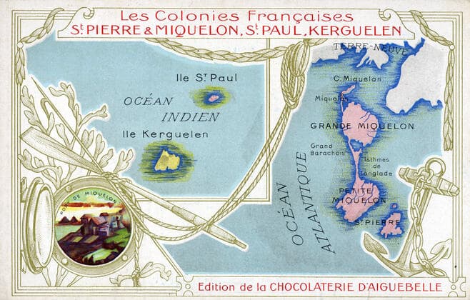 COLONIES FRANCAISES St Pierre et Miquelon, St Paul, Kerguelen : carte geographiques et vue du port de Miquelon. Chromo vers 1900, serie sur les colonies francaises. Illustration anonyme. Credit : Collection IM KHARBINE-TAPABOR. *** FRENCH COLONIES St Pierre et Miquelon, St Paul, Kerguelen geographical map and view of the port of Miquelon Chromo around 1900, series on the French colonies Anonymous illustration Credit Collection IM KHARBINE TAPABOR  KH203802