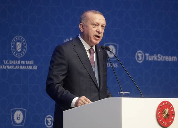 ISTANBUL, TURKEY - JANUARY 8, 2020: Turkey s President Recep Tayyip Erdogan addresses a ceremony to launch the TurkStream gas pipeline at the Halic Congress Center. Mikhail Metzel TASS  TS0C9AD0