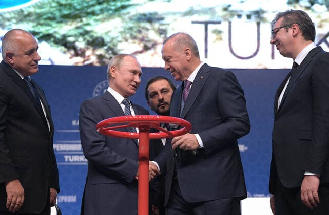 ISTANBUL, TURKEY - JANUARY 8, 2020: Serbia s President Aleksandar Vucic, Turkey s President Recep Tayyip Erdogan, Russia s President Vladimir Putin, Bulgaria s Prime Minister Boyko Borissov (R-L front) during a ceremony to launch the TurkStream gas pipeline at the Halic Congress Center. Alexei Druzhinin Russian Presidential Press and Information Office TASS  TS0C9B00