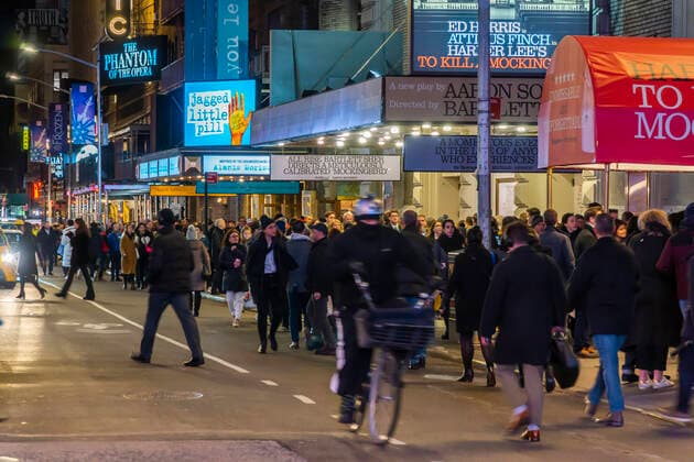 Broadway in New York Theatergoers prior to curtain crowd West 44th Street as they rush to enter an assortment of Broadway theaters on Tuesday, January 7, 2020. (  RichardxB.xLevine