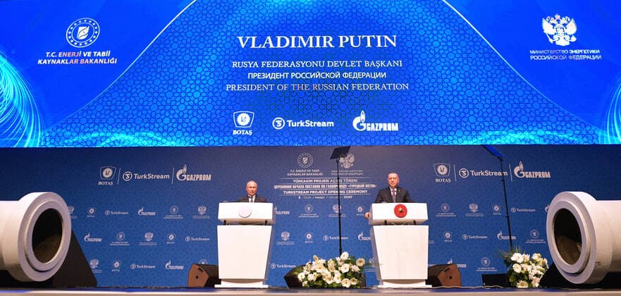 ISTANBUL, TURKEY - JANUARY 8, 2020: Russia s President Vladimir Putin (L) and Turkey s President Recep Tayyip Erdogan during a ceremony to launch the TurkStream gas pipeline at the Halic Congress Center. Alexei Druzhinin Russian Presidential Press and Information Office TASS  TS0C9B10