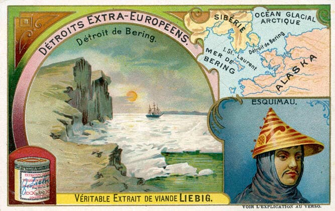 DETROIT DE BERING Detroit de Bering entre la Siberie et l Alsaka, decouvert par le navigateur danois Vitus Bering en 1728. Chromo publicitaire Liebig de 1906, serie intitulee Detroits extra-europeens . Credit : Collection IM KHARBINE-TAPABOR.