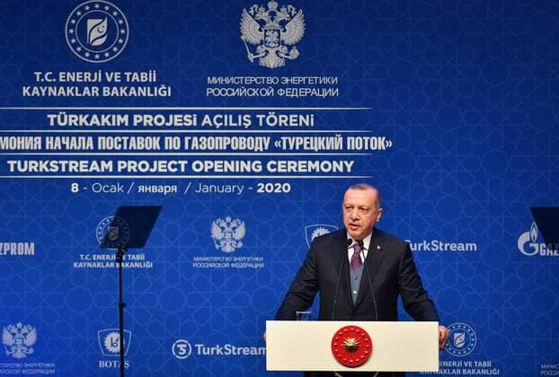 (200108) -- ISTANBUL, Jan. 8, 2020 -- Turkish President Recep Tayyip Erdogan speaks at the inauguration ceremony of the TurkStream project in Istanbul, Turkey, Jan. 8, 2020. The TurkStream project will deliver Russian gas to Turkey and Europe. ) TURKEY-ISTANBUL-RUSSIA-TURKSTREAM-INAUGURATION CEREMONY XuxSuhui 