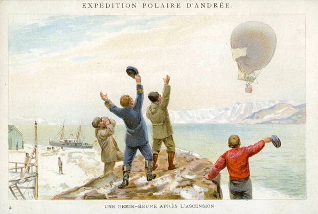 MONTGOLFIERE Une demie-heure apres l ascension . Des hommes saluent une montgolfiere. Illustration anonyme pour une serie de chromos Expedition polaire d Andee vers 1898. Credit : Collection IM KHARBINE-TAPABOR