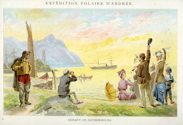 EXPEDITION POLAIRE Depart de Gotembourg . Des personnes disent au revoir a un bateau. Illustration anonyme pour une serie de chromo Expedition polaire d Andee vers 1900. Credit : Collection IM KHARBINE-TAPABOR