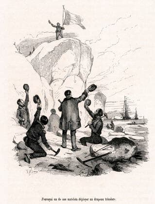 DUMONT d URVILLE J envoyai un de nos matelots deployer un drapeau tricolore (prise de possession par DUMONT d URVILLE (1790-1842) de la Terre Adelie en 1840. Illustration de 1847 par Victor ADAM (1801-1867) pour Aventures des Voyageurs par Bernard HOMBRON (1798-1852). Credit : Collection Jonas Kharbine-Tapabor. *** DUMONT d URVILLE I sent one of our sailors to deploy a tricolour flag taken possession by DUMONT d URVILLE 1790 1842 of the Adelie Land in 1840 Illustration of 1847 by Victor ADAM 1801 1867 for Aventures des Voyageurs by Bernard HOMBRON 1798 1852 Credit Collection Jonas Kharbine Tapabor  KH232197