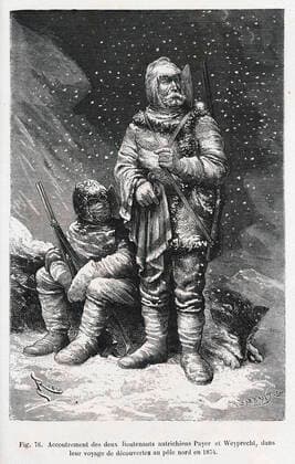 POLE NORD Accoutrement des deux lieutenants autrichiens Julius von PAYER (1841-1915) et Karl WEYPRECHT (1838-1881) dans leur voyage de decouvertes au pole Nord en 1874. Illustration de Edouard RIOU (1833-1900) pour Connais-toi toi-meme par Louis FIGUIER (1819-1894). Credit : Collection Jonas Kharbine-Tapabor.