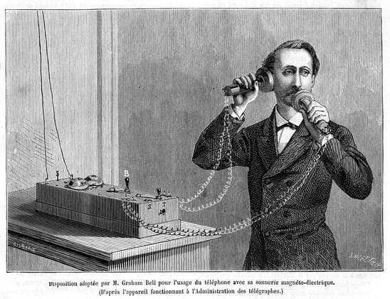 TELEPHONE XIXeme s. Disposition adoptee par M. Graham Bell pour l usage du telephone avec sa sonnerie magneto-electrique . Illustration tiree de la revue La Nature du 2 fevrier 1878. Credit : Collection KHARBINE-TAPABOR. *** TELEPHONE XIXth c Provision adopted by Mr Graham Bell for the use of the telephone with its electric magneto ring Illustration taken from the magazine La Nature of February 2, 1878 Credit Collection KHARBINE TAPABOR  KH241808