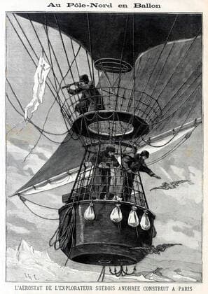 POLE NORD Au Pole Nord en ballon. L aerostat de l explorateur ANDHREE (1854-1897) construit a Paris. Illustration anonyme pour Le Petit Parisien Supplement litteraire illustre du 29 mars 1896. Credit : Collection Kharbine-Tapabor.