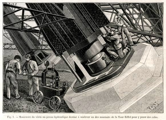 TOUR EIFFEL Manoeuvres du verin ou presse hydraulique destine a soulever un des montants de la Tour Eiffel pour y poser des cales. Illustration de Louis POYET (1846-1913) pour La Nature du 18 fevrier 1888. Credit : Collection Kharbine-Tapabor. *** EIFFEL TOWER Maneuvers of the jack or hydraulic press intended to lift one of the uprights of the Eiffel Tower to place wedges Illustration by Louis POYET 1846 1913 for La Nature du 18 fevrier 1888 Credit Collection Kharbine Tapabor  KH231066