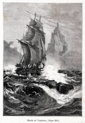 DUMONT d URVILLE L Astrolabe de DUMONT d URVILLE (1790-1842) dans les recifs de Vanikoro (ou s arreta l expedition de LA PEROUSE). Illustration de 1880 PAR Leon BENETT (1838-1917) pour Les Voyageurs du XIXeme siecle par Jules VERNE (1828-1905). Credit : Collection Jonas Kharbine-Tapabor. *** DUMONT d URVILLE L Astrolabe of DUMONT d URVILLE 1790 1842 in the reefs of Vanikoro where s stopped the expedition of LA PEROUSE Illustration of 1880 by Leon BENETT 1838 1917 for Les Voyageurs du XIXeme siecle by Jules VERNE 1828 1905 Credit Collection Jonas Kharbine Tapabor  KH242939