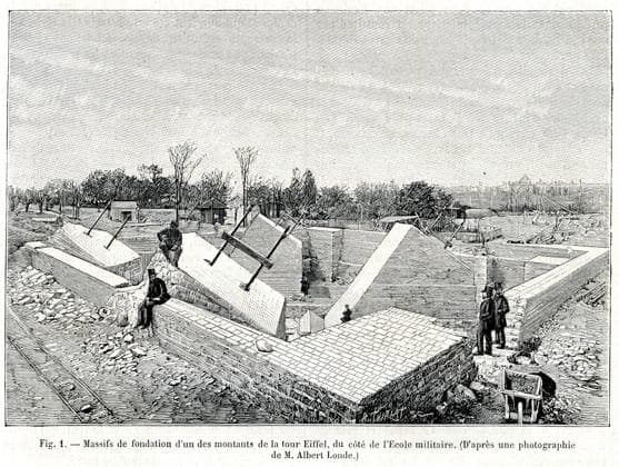 TOUR EIFFEL - Construction Massifs de fondation d un des montants de la Tour Eiffel, du cote de l Ecole Militaire . Illustration d apres Albert Londe tiree de la revue La Nature du 28 mai 1887. Credit : Collection KHARBINE-TAPABOR. *** TOWER EIFFEL Construction Massifs of foundation of one of the uprights of the Eiffel Tower, on the side of the Military School Illustration according to Albert Londe from the magazine La Nature of May 28, 1887 Credit Collection KHARBINE TAPABOR  KH244999