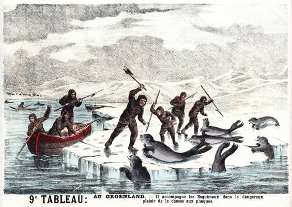 TOUR DU MONDE Au Groenland. Il accompagne les esquimeaux dans le dangereux plaisir de la chasse aux phoques. Lithographie anonyme vers 1875 pour une suite de tableaux sur le Tour du Monde d un enfant. Credit : Collection Kharbine-Tapabor.