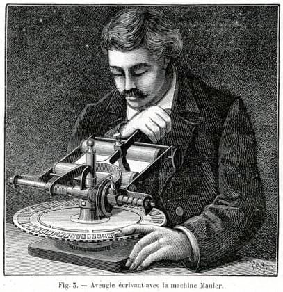 ECRITURE BRAILLE Aveugle ecrivant avec la machine Mauler . Illustration par Poyet (1846-1913) tiree de la revue La Nature du 8 octobre 1887. Credit : Collection KHARBINE-TAPABOR.
