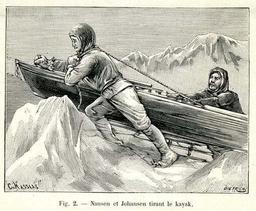 EXPEDITION POLAIRE XIXeme s. Nansen et Johansen tirant le kayak . Expedition de Nansen a l Archipel Francois-Joseph. Illustration par Massias tiree de la revue La Nature du 16 janvier 1897. Credit : Collection KHARBINE-TAPABOR. *** EXPEDITION POLAR EXPEDITION XIXth c Nansen and Johansen pulling the kayak Expedition de Nansen a l Archipel Francois Joseph Illustration by Massias from the magazine La Nature of January 16, 1897 Credit Collection KHARBINE TAPABOR  KH247958