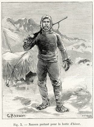 NENSEN Fridtjof Nansen partant pour la hutte d hiver . Expedition de Nansen a l Archipel Francois-Joseph. Illustration par Massias tiree de la revue La Nature du 16 janvier 1897. Credit : Collection KHARBINE-TAPABOR. *** NENSEN Fridtjof Nansen leaving for the winter hut Expedition of Nansen to the French Joseph Archipelago Illustration by Massias from the magazine La Nature of January 16, 1897 Credit Collection KHARBINE TAPABOR  KH247960