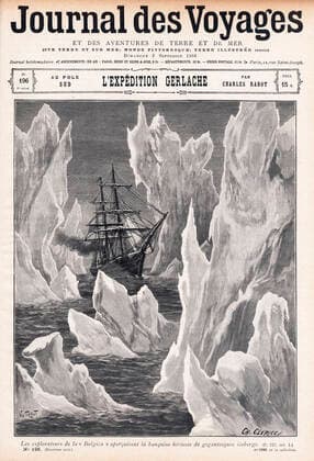 Adrien de GERLACHE L expedition d adrien de GERLACHE (1866-1934). Les explorateurs de la Belgica apercoivent la banquise herissee de gigantesques icebergs. Illustration de Charles CLERICE (1865-1912) pour Le Journal des Voyages du 2 septembre 1900. Credit : Collection Kharbine-Tapabor.