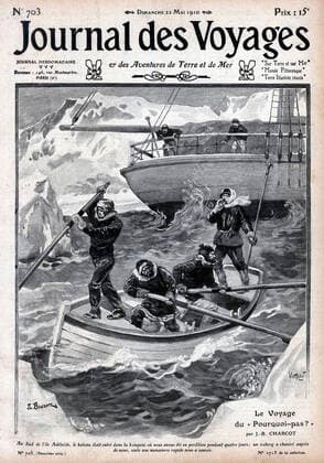 POLE SUD Au sud de l ile Adelaide, le bateau de Jean CHARCOT (1867-1936) etait entre dans la banquise ou nous avons ete en perdition pendant 4 jours. Illustration de JL BEUZONS pour Le Journal des Voyages du 22 mai 1910. Credit : Collection Kharbine-Tapabor.