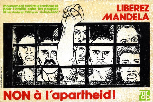 IMAGO History, Ende der Apartheid in Südafrika: 1990-1994 MANDELA Nelson Liberez Mandela, non a l apartheid ! . Autocollant edite par le MRAP vers 1985-90. Credit : IM KHARBINE-TAPABOR.