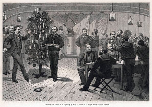 POLE NORD La nuit de Noel a bord de la Vega. Illustration de Etienne RONJAT (ne en 1822) pour Voyage de la Vega autour de l Asie et de l Europe par Adolf Erik NORDENSKIOLD (1832-1901) repris dans Le Tour du Monde de 1882. Credit : Collection Kharbine-Tapabor *** NORTH POLE Christmas night aboard the Vega Illustration by Etienne RONJAT born in 1822 for Voyage de la Vega around Asia and Europe by Adolf Erik NORDENSKIOLD 1832 1901 included in Le Tour du Monde de 1882 Credit Collection Kharbine Tapabor  KH254132