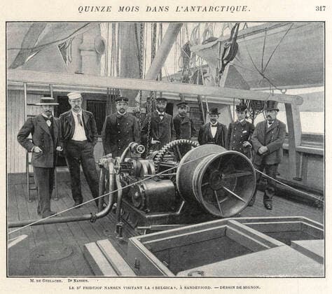 EXPEDITION DE GERLACHE Le Dr Fridtjof NANSEN (1861-1930) visitant la Belgica a Sandefjord. Illustration de MIGNON pour Quinze mois dans l Antartique par Adrien de GERLACHE (1866-1934) repris dans Le Tour du Monde de 1901. Credit : Collection Kharbine-Tapabor.