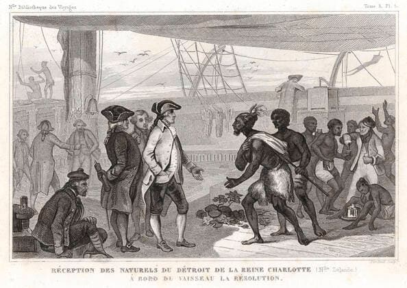 VOYAGES DE COOK Reception par le capitaine James Cook a bord du vaisseau Resolution des naturels du Detroit de la Reine Charlotte (Nouvelle-Zelande). Illustration anonyme pour Voyage de James COOK (1728-1779) repris en 1841 dans Voyages autour du Monde par William SMITH. Credit : Coll. Jonas KHARBINE-TAPABOR