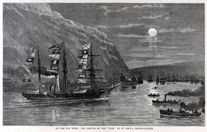 POLE NORD Le Kite, navire de l expedition de Robert PEARY (1856-1920) arrivant a St John s a Terre-Neuve. Illustration de anonyme pour la revue anglaise The Graphic du 1er octobre 1892. Credit : Collection Kharbine-Tapabor. *** NORTH POLE The Kite, ship of the expedition of Robert PEARY 1856 1920 arriving at St John s in Newfoundland Illustration of anonymous for the English magazine The Graphic of October 1, 1892 Credit Collection Kharbine Tapabor  KH259698