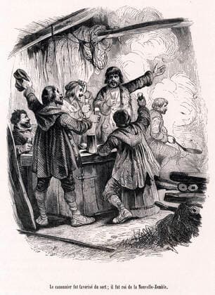 Willem BARENTZ Le canonnier fut favorise du sort, il fut roi de la Nouvelle-Zemble (Hivernage de Willem BARENTZ en 1596). Illustration de 1847 par Victor ADAM (1801-1867) pour Aventures des Voyageurs par Bernard HOMBRON (1798-1852). Credit : Collection Jonas Kharbine-Tapabor.