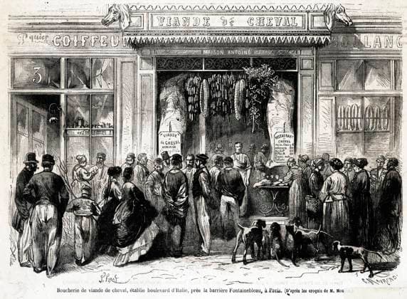 Boucherie Chevaline 1860 Boucherie de viande de cheval etablie Boulevard d Italie pres de la barriere de Fontainebleau. Paris second Empire. Gravure in Le MONDE ILLUSTRE , septembre 1860. Credit KHARBINE TAPABOR *** Butcher Chevaline 1860 Horse meat butcher established Boulevard d Italie near the Fontainebleau gate Paris second Empire Engraving in Le Monde Illustrre , September 1860 Credit KHARBINE TAPABOR  KH267812