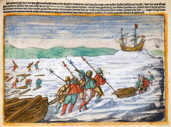 EXPEDITION BARENTS Expedition de Willem Barents (1550-1597) a travers l Arctique en 1596. Miniature tiree du manuscrit neerlandais Waerachtighe Beschrijvinghe datant de 1598 (16e, XVIe s.) Credit : Collection