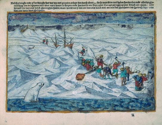 EXPEDITION BARENTS Expedition de Willem Barents a travers l Arctique en 1596. Ours polaire au premier plan. Miniature tiree du manuscrit neerlandais Waerachtighe Beschrijvinghe datant de 1598 (16e, XVIe s.) Credit : Collection
