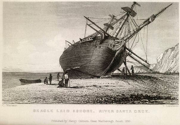 DARWIN Oeuvre Le HMS Beagle echhoue sur le Rio Santa Cruz en Patagonie. Illustration par C. Martens tiree de l ouvrage de Charles Darwin (1809-1882) Le voyage du Beagle , publie en 1839. Credit : Collection British Library KHARBINE-TAPABOR.