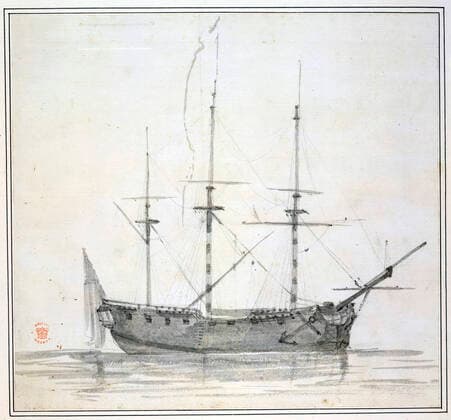 COOK James Le navire Resolution . Illustration par John Webber (1751-1793) realisee lors du 3eme voyage de Cook, entre 1776 et 1780. Credit : Collection British Library KHARBINE-TAPABOR.