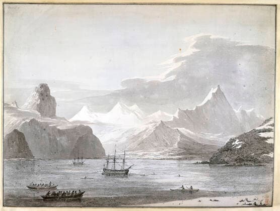 ALASKA XVIIIeme s. Snug Corner Cove en Alaska, avec les bateaux Resolution et Discovery . Illustration par John Webber (1751-1793) realisee lors du troisieme voyage de Cook, entre 1777 et 1779 (18e, XVIIIe s.) Credit : Collection British Library KHARBINE-TAPABOR.