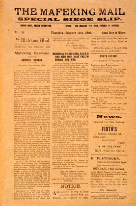 GUERRE DES BOERS Une du Mafeking Mail du 11 janvier 1900 a propos du siege de Mafeking lors de la deuxieme guerre des Boers en 1899-1900. Credit : Collection British Library KHARBINE-TAPABOR. *** BOER WAR Front page of the Mafeking Mail of 11 January 1900 about the Mafeking siege during the second Boer War in 1899 1900 Credit Collection British Library KHARBINE TAPABOR  KH411834
