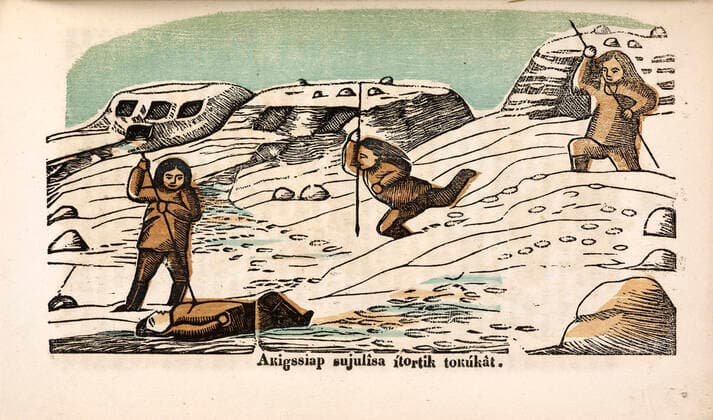 GROENLAND XIXeme s. Akigssiap sujulisa itortik tokukat. Natifs du Groenland, l un d eux est tue par un harpon. Illustration vers 1860. Credit : Collection British Library KHARBINE-TAPABOR.