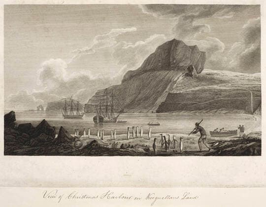 KERGUELEN XVIIIeme s. Le Port-Christmas (ou Port-Noel) dans l archipel des Kerguelen. Illustration par J. Webber realisee durant le troisieme voyage de Cook en 1776 (18e, XVIIIe s.) Credit : Collection British Library KHARBINE-TAPABOR. *** KERGUELEN XVIIIth c Port Christmas or Port Noel in the Kerguelen archipelago Illustration by J Webber realized during Cooks third voyage in 1776 18th, XVIIIth c Credit Collection British Library KHARBINE TAPABOR  KH418137