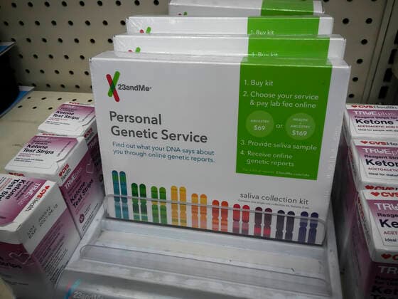 23andMe DNA testing Packages of 23andMe brand DNA kits in a drugstore in New York on Saturday, January 11, 2020. (  RichardxB.xLevine