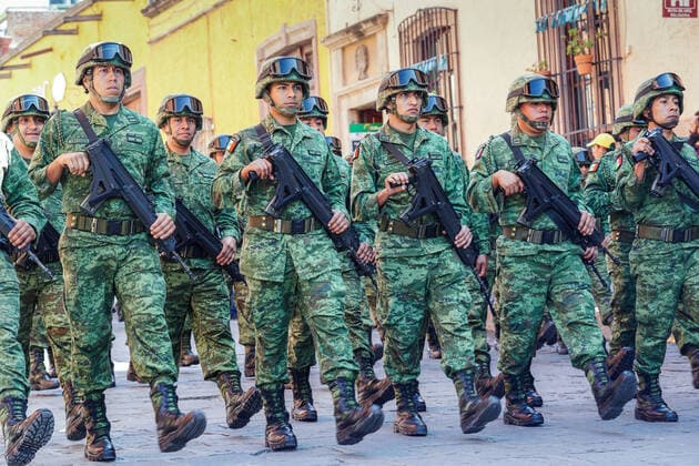 January 21, 2020, San Miguel De Allende, Guanajuato, Mexico: Members of the Mexican Army march in a parade to celebrate the 251st birthday of the Mexican Independence hero Ignacio Allende January 21, 2020 in San Miguel de Allende, Guanajuato, Mexico. Allende, from a wealthy family in San Miguel played a major role in the independency war against Spain in 1810 and later honored by his home city by adding his name. San Miguel De Allende Mexico - ZUMAe02_ 20200121_zaf_e02_023 Copyright: xRichardxEllisx