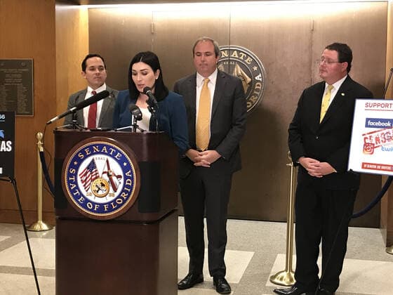 January 21, 2020, Tallahassee, FL, USA: Laura Loomer speaks about a bill that seeks to stop social media censorship, on Tuesday, Jan. 21, 2020, in Tallahassee, Fla. Standing behind Loomer, from left, are state Rep. Anthony Sabatini (R-Fla.), Republican state Sen. Joe Gruters and Republican state Rep. Randy Fine. Tallahassee USA - ZUMAm67_ 20200121_zaf_m67_019 Copyright: xSkylerxSwisherx