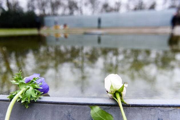 Berlin, Gedenkorte an Opfer der NS-Verbrechen Deutschland, Berlin - 27.01.2020: Im Bild sind zwei Blumen vor kreisrunden Wasserbecken am Denkmal für die im Nationalsozialismus ermordeten Sinti und Roma Europas zu sehen. Berlin Berlin Deutschland *** Berlin, Memorials to Victims of Nazi Crimes Germany, Berlin 27 01 2020 The picture shows two flowers in front of circular water basins at the Memorial to the Sinti and Roma of Europe murdered under National Socialism Berlin Germany