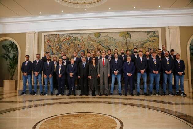Spanish King Felipe VI and Queen Letizia Ortiz during an audience with Spanish Handball Team on occasion of their victory in Men s Handball European Championship at ZarzuelaPalace in Madrid on Tuesday, 28 December 2020 Cordon Press