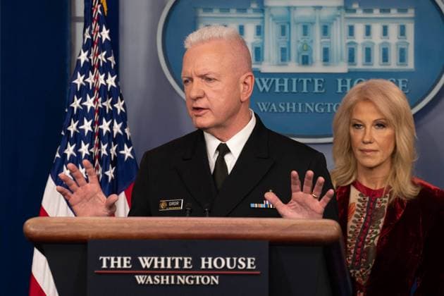 Assistant Secretary of Public Health Adm. Brett Giroir speaks as White House Senior Counselor Kellyanne Conway, right, listens during a briefing on opioid crisis in the White House Press briefing room at the White House in Washington, DC on Thursday, January 30, 2020.  WAP20200130109 KENxCEDENO