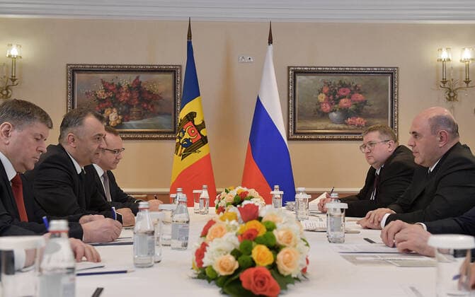 ALMATY, KAZAKHSTAN - JANUARY 31, 2020: Moldova s Prime Minister Ion Chicu (2nd L) and Russia s Prime Minister Mikhail Mishustin (R) talk during a meeting; the Russian prime minister arrived in Kazakhstan to attend a meeting of the Eurasian Intergovernmental Council. Alexander Astafyev POOL TASS  TS0CC718