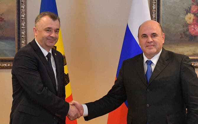 ALMATY, KAZAKHSTAN - JANUARY 31, 2020: Moldova s Prime Minister Ion Chicu (L) and Russia s Prime Minister Mikhail Mishustin shake hands during a meeting; the Russian prime minister arrived in Kazakhstan to attend a meeting of the Eurasian Intergovernmental Council. Alexander Astafyev POOL TASS  TS0CC72E